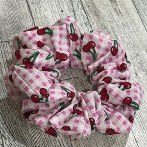 Pink and Red Gingham Cherry Hair Scrunchie